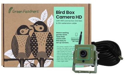 Green Feathers WiFi Birdbox Camera, 1080p HD Smart Camera with Recording and Night Vision, Garden Wildlife Camera for Bird Watching, Wildlife Viewing on Phone - 10m Kit