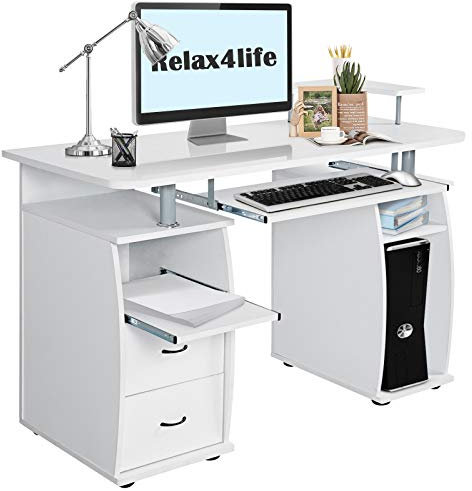 RELAX4LIFE Bureau d'Ordinateur avec 2 Tiroirs, Tablette Imprimante et Tablette à Clavier, Bureau Informatique avec Compartiments de Rangement pour Bureau Salon Étude, 120X55X85CM (Blanc)