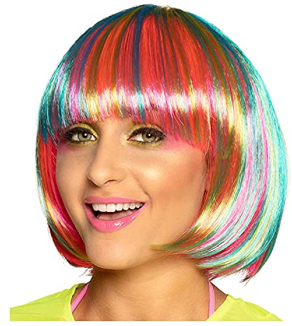PAPSTAR NEU Perücke Damen Foxy Bob, Pagenkopf mit Pony Candy Style Neon Pebbles, pink-bunt - mit Haarnetz