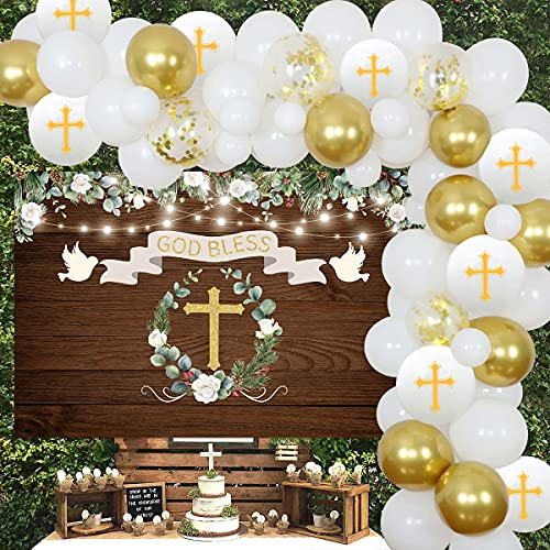 Taufe Party Dekorationen Weiß und Gold Erstkommunion Dekorationen für Jungen Mädchen Ballongirlande Kit mit rustikalem Holzhintergrund, Gott Segen Taufe Dekorationen für Party