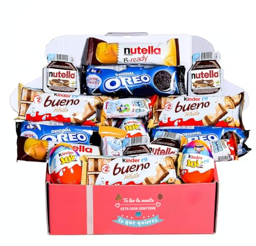 Caja regalo de chocolates, Regalo original para cumpleaños niños pareja, Kinder Chocolate, Happy Hippo, Kinder Joy, Nutella Bready, Nutella biscuits, Pack caja regalo de cumpleaños, Caja resistente