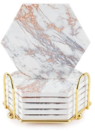 Coasters Set of 6,Marble Coasters Ceramic-Gold Coasters with Holder for Cups, Mugs,Tables