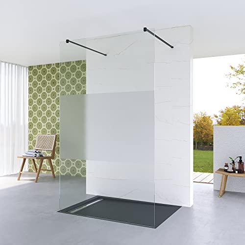 Walk in Duschwand Glas 97 x 200 cm freistehend begehbare Dusche ebenerdige Duschabtrennung Glastrennwand Duschtrennwand | Echtglas Teilsatiniert 8 mm mit NANO | 90° Stabilisationsbügel schwarz matt