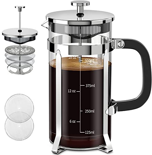 QUQIYSO French Press Coffee Maker 304 Stainless Steel French Press with 4 Filter, Heat Resistant Durable, Easy to Clean, Borosilicate Glass Coffee Press, 100% BPA Free Glass Teapot, 21 ounce, Silver