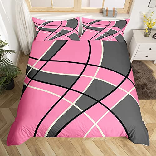 Rose Gris Housse de Couette Stripe Line Art Parure de Lit 200x200cm Géométrique Rayures Sets de Housse de Couette Géométrie Parure Housse de Couette avec 2 taies d'oreiller