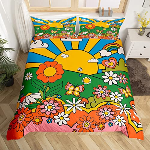 feelingyou 70s Hippie Flowers Comforter Cover,Groovy Trippy Retro Floral Duvet Cover for Girls Teens Bedroom Gift,Striped Sun and Rainbow Comforter Cover Decorative with 2 Pillowcases, Double Size
