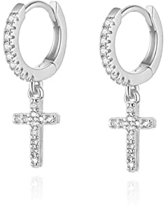 Silberne Hängeohrringe, Zirkonia Ohrringe Braut Kreuz Anhänger Huggie Ohrringe Ohrschmuck Weißgold Damen