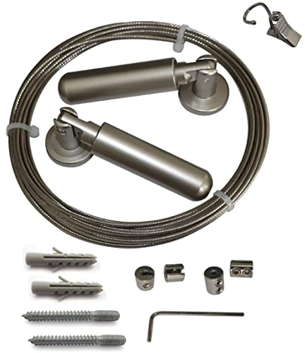 Refila Wall Mount Curtain Rod Set for Art Display with 24 Metal Clips, 5 Meters, Hanging Clothesline Wire Window Curtain Tension Rod Multi-Purpose Crafts Organizer (Satin Silver)