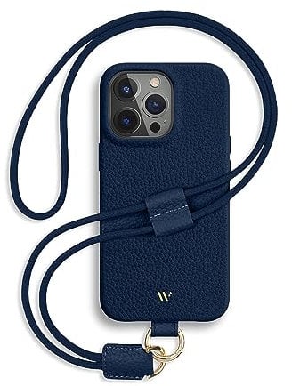 WIIUKA Hülle für iPhone 14 Pro, Leder aus Deutschland, Lederhülle Handykette, Premium Handyhülle, Case, Kette Band Umhängen,Nachtblau Blau