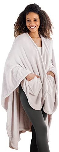 Berkshire Blanket Primalush™ Wearable Blanket, Cozy Loungewear Pocketed Plush Cape Wrap for Adults & Teens(Moonbeam, One Size 58X64)