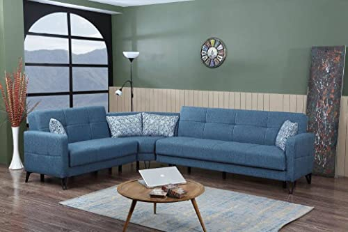 Dmora - Schlafsofa Pedro, Eck-Container-Schlafsofa mit 4 Kissen inklusive, Wohnzimmersofa aus gepolstertem Stoff mit klick-Klack-Öffnung, umkehrbare Halbinsel, cm 302x234h88, Blau