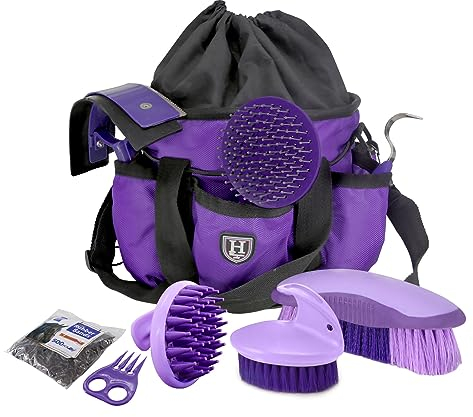 Harrison Howard Kit di spazzole per la toelettatura dei cavalli, 7 pezzi, con organizer Tote Equine Care Series Set di spazzole per cavalli viola