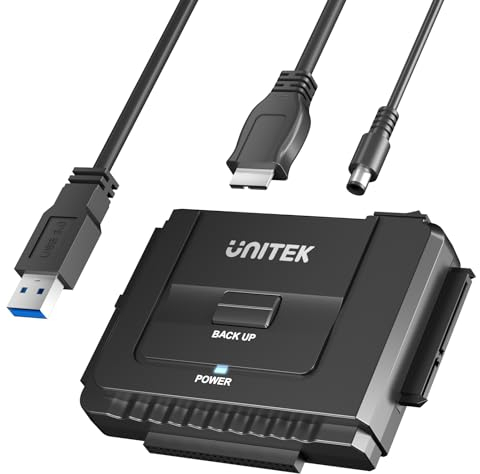 UNITEK IDE SATA USB3.0 Adaptateur Disque Dur Externe pour Universel 2.5 3.5 Pouces HDD SSD, Fonction de Sauvegarde par Une Touche(OTB), avec Alimentation Externe DC 12V 2A