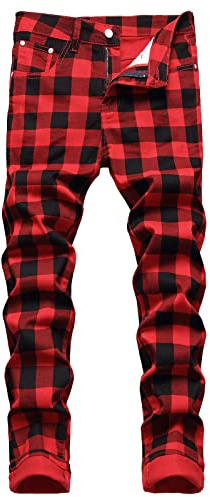 Plaid Jeans for Men UK Sale Clearance Slim Fit Skinny Checked Jeans Stretch Joggers Basic Classic Denim Trousers Work Pants Casual Jegging Boys Biker Trousers Frayed Jeans Plus Size M-3XL Red