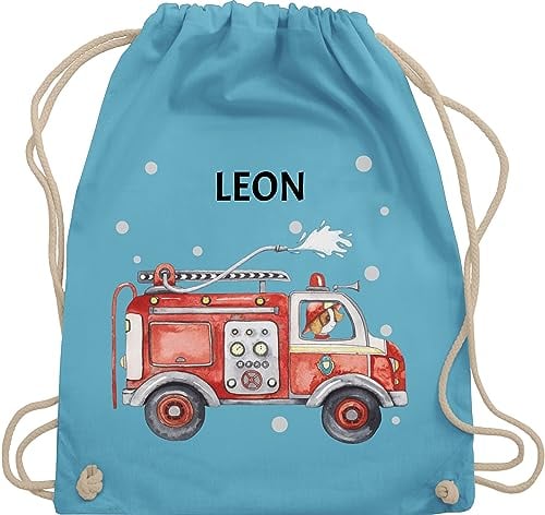 Turnbeutel Rucksack - Feuerwehr Auto I Feuerwehrauto I 112 I Fire Truck I Löschfahrzeug - Unisize - Hellblau - rucksäcke kindergarten beutel für wechselwäsche jugendfeuerwehr feuerwehrautos