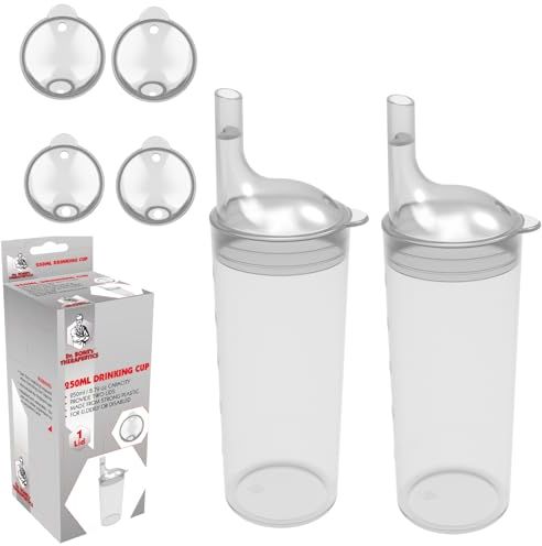 DR. BONE'S THERAPEUTICS ® Set of 2: Transparent, Wide Spout, Feeding Beakers. 250ml with Graduated Measurements and Adjustable Flow Lid - Autoclavable, Microwave Safe Spill-Proof & Leak Prevention