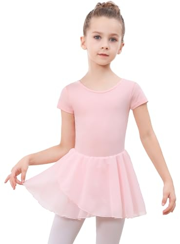 DGSHIRLDJO Kinder Ballettkleidung Mädchen Kurzarm Baumwolle Ballettkleid Balletttrikot Tanzkleid Tanzbody mit Chiffon Rock Tütü (DE/NL/SE/PL, Numerisch, 140, Regular,rosa)