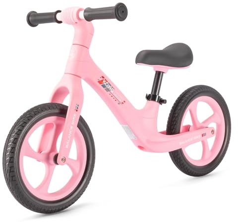 KONG MING CAR Kinder Laufrad – 12 Zoll Balance Bike für Kinder von 2-6 Jahren, Höhenverstellbar mit Fußstütze, Ergonomischem Sattel und Pannensicheren Rädern, Bis zu 35kg (Rosa)