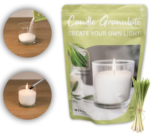 Kerzensand Kerzengranulat/Wachsgranulat im Beutel inkl. 4 Dochte - 400 g - mit Duft oder ohne Duft - universal einsetzbar - Gläser recyceln (Lemongrass)