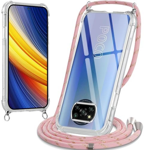 Oelrstfe Funda para Xiaomi Poco X3 NFC/X3/X3 Pro con Cuerda, Transparente TPU Suave Silicona Carcasa con Correa Colgante Ajustable Collar para Xiaomi Poco X3 NFC/X3 Pro, Rosa
