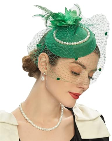 Pillbox Hüte mit Netzschleier, 20er / 50er Jahre, Perlen-Fascinator-Hut, Hochzeit, Teeparty, Clip, Fedoras für Damen, Gn, Einheitsgröße