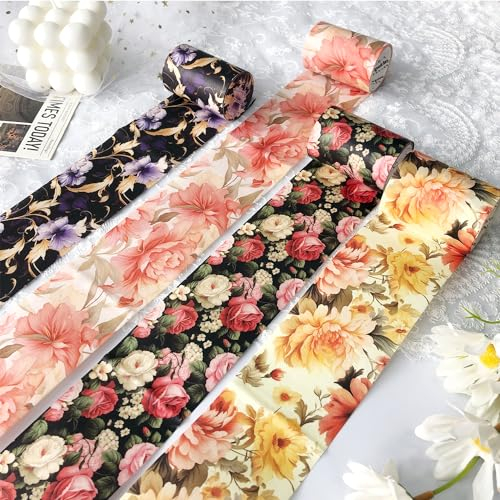 Arpaper Washi Tape Sticker Set 4 Rolls,Vintage Floral Aesthetic Washi Stickers Masking Pro für Scrapbooking Zubehör ,Bullet Journals, DIY Crafts,Journaling, Kunst für Handwerk (Blühende Blumen 2)
