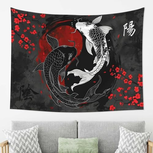 Japanischer Yin-Yang-Koi-Fisch-Wandteppich, cooles rotes und schwarzes Anime-Sakura-Kunst-Wandteppich, vertikaler Wandbehang, japanischer Anime-Wandteppich für Herren, Schlafzimmer, Wohnzimmer, Büro,