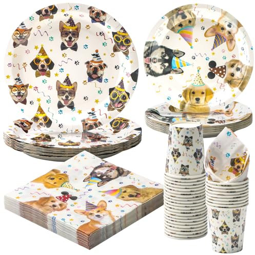 Party Go Juego de vajilla para fiestas de perros y mascotas, 96 unidades, platos de papel desechables, vasos para mascotas, decoración de fiestas, platos para servir a 24 invitados