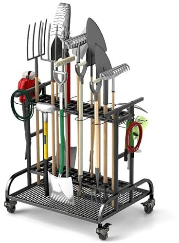 huyear Garden Tool Organizer, Garden Tool Rack with Wheels for Garage Organization and Storage for Garage, Tools, Shed, Yard, Outdoor, Black