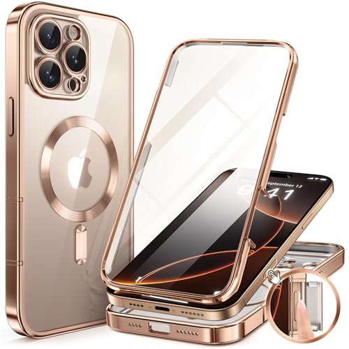 BERFY Magnetic for iPhone 16 Pro Max Case 6.9, [Compatible with Magsafe] Built-in Tempered Glass Screen Protector & Upgraded Camera Protection, Full-Body Plating Phone Case for 16 ProMax, Desert Gold