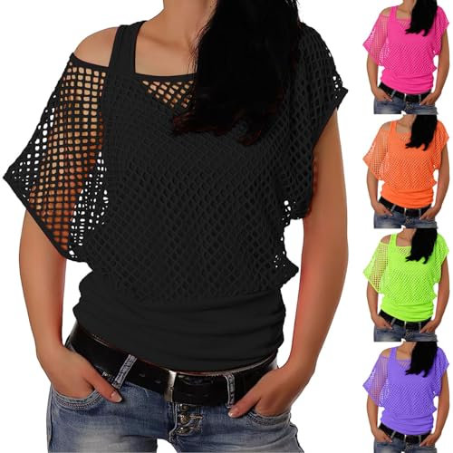 T-Shirt en Maille pour Femme Tenue des années 80 pour Le Carnaval Fête à thème Haut en Maille Haut d'été Résille Fluo avec Épaules Dénudées pour Rétro Disco Costume Carnaval Fête