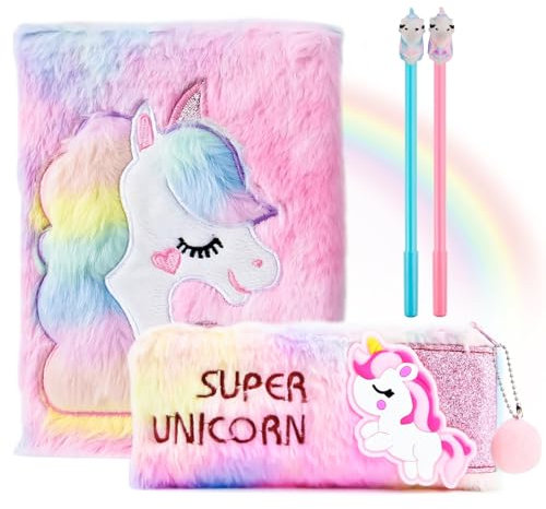 Einhorn Notizbuch Set,Plüsch Notizbücher für Kinder, Plüsch Geheimes Tagebuch Set mit 2 Gelstiften und Einhorn Bleistiftbeutel, Geschenke für Mädchen 6 7 8 9 10 11 12 Jahre (Farbig-ohne Schloss)