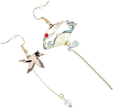 LIFKOME 1 Pair Scalloped Crane Earrings Fan Tassel Earrings Chinese Fan Earrings Chinese Dangle Earrings Vintage Crane Earrings Bird Drop Earrings Asymmetrical New Year Earrings Alloy