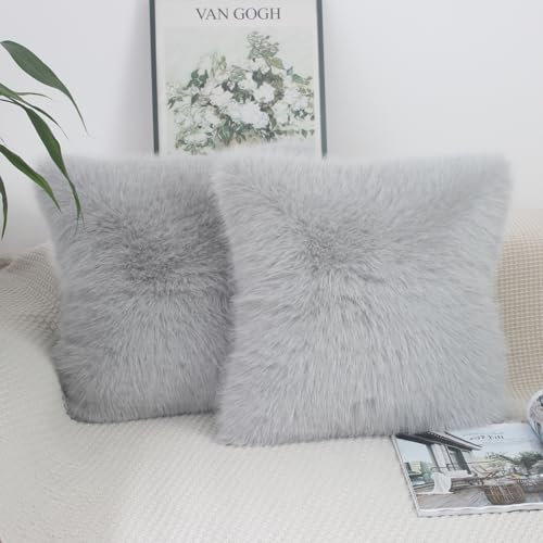 NIULAA Grey Cushion Covers 50cm x 50cm Cushion Cover Faux Fur Set of 2 Fluffy Pillow Covers Soft Plush Luxury Decorative Pillows for Sofa Scatter Pillowcases 20x20 inches