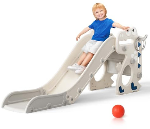 Lischwert Kids Slide 4 in 1 Toddler Slide Freestanding, Dinosaur Shape Slide Set with Basketball Hoop, Hoop Toy, Slide, Climbing Frame, Perfect for Toddler Christmas, Birthday Gift (Beige-gray 4-in-1)