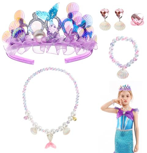 Kinwers Meerjungfrau Haarreif,5 Set Neues Lila Meerjungfrau Kostüm Kinder,Inklusive Krone Mädchen Ohrclips Halskette Armband Ringe,3/4 Jahre