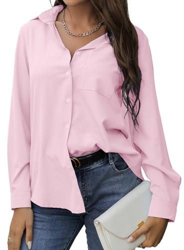 EDOTON Camicetta Donna Elegante Bluse Casual a Maniche Lunghe Bottoni Camicetta con Scollo a V vestibilità Tinta Unita Blusa con Tasca (Rosa,L)