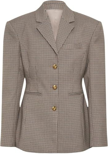 Blazer à Carreaux Pied-de-Poule élégant pour Femmes à Manches Longues à 3 Boutons avec Poches Veste De Costume De Bureau Coupe Ajustée Veste De Printemps Et d'automne à La Mode (Marron,M)