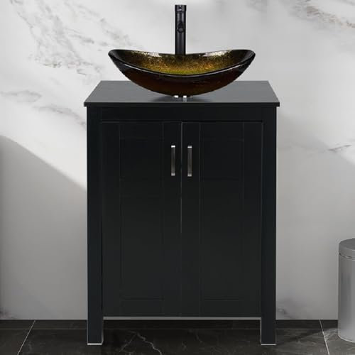 Moderner schwarzer Badezimmer-Waschtisch mit 60 cm Waschbecken und goldfarbenem Glasgefäß-Waschbecken