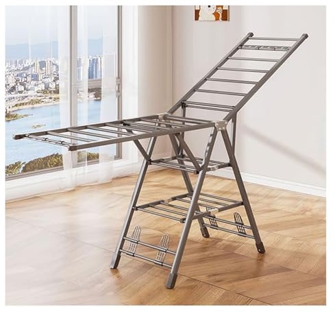 Groyells klappbarer Wäscheständer, 3-lagiger Stehtrockner mit 1,8 m höhenverstellbaren Flügeln, Schuhablage und Rollen, freistehender Wäscheständer für den Innen- und Außenbereich, aus Karbonstahl