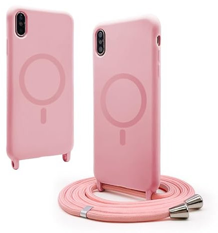 CUZZCASE Cover compatibile con iPhone XS MAX(6.5),Cover Magnetica[Compatibile con MagSafe],Bumper con Laccio,regolabile Lanyard TPU Corda Silicone Case-Rosa Scuro