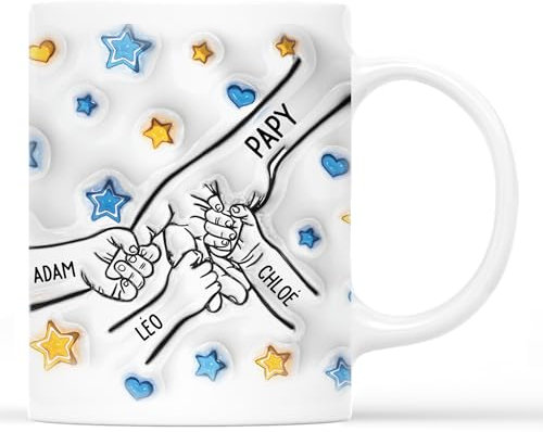 Cadeau Plus Mug Personnalisé Prénom - Papy Papi Tenant Les Mains - Cadeau fete des peres personnalisable, cadeau grand pere, tasse papa original, papi mug, mug personnalisé fete des peres