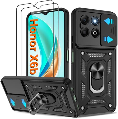 Pilaru Shockproof Case for Honor X6B Phone Military-Grade Drop Proof Dual-Layer Protective with Camera Slide Cover | Precision Hole, Built-in Kickstand & 2 Screen Protectors for Honour X6b 4G,Black