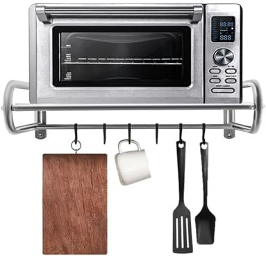 HHEMSTD Estantería para horno microondas, montaje en la pared, acero inoxidable, estantería de pared, estantería de cocina, 6 ganchos, estantería de cocina, soporte organizador para casas y