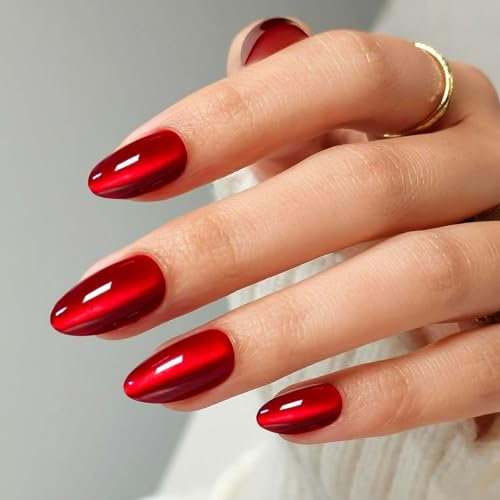 MOYOU LONDON Gel Press On Nails Short - 32 Pcs Almond False Nails, Soft Fake Nails with Glue in 16 Sizes, Reusable Stick On Nails for Women, Red Alert