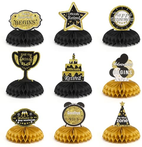 9 Stück Rente Deko Schwarz Gold Bienenwaben Ruhestand Geschenk für Männer Frau Bienenwabe Mittelstück Deko Ruhestand Deko Rente Tischdeko Renteneintritt für Geschenkidee zum Renteneintritt