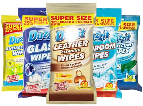 Duzit 5 Piece Wipes Bundle Giftset, Leather Cleaning, Antibacterial, Disinfectant, Bathroom Cleaning, Glass Cleaner, 50 Sheets Per Pack