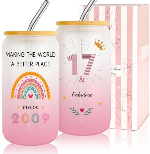 Zyphoria 17 Year Old Girl Gift,17th Birthday Gifts for Girls,Happy 17th Birthday Glass Cup with Lid and Straw Gift Ideas, Gifts for 17 Year Old Girls,17th Birthday Decorations for Daughter,Sister-1pc