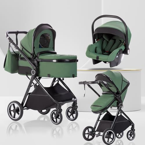 Lnhcrbs Kinderwagen 3 in 1 mit Kinderwagen-Aufsatz, Reisesystem ist faltbar | Babywagen-Griff ist verstellbar, die Räder sind aus PU-Material, geeignet von Geburt bis 3 Jahre-Grün-ISOFIX