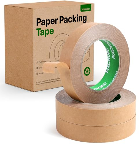 FIXCHORD Umweltfreundliches Klebeband aus Papier 24mm x 50m | Recycelbar Papierklebeband | Beschreibbar & Wasserfest | Papier Kraft Packband zum Verpacken von Paketen und Kartons, Umzug | 3 Rollen